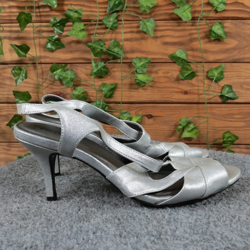 Life Stride Note‎ Velocity Women's 8 Silver Strappy Slingback Heel Sandals